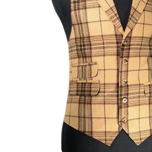 Mens 42R Wool Vest Beige Brown Rust Tartan Plaid Waistcoat Preppy Casual Formal - Picture 7 of 10